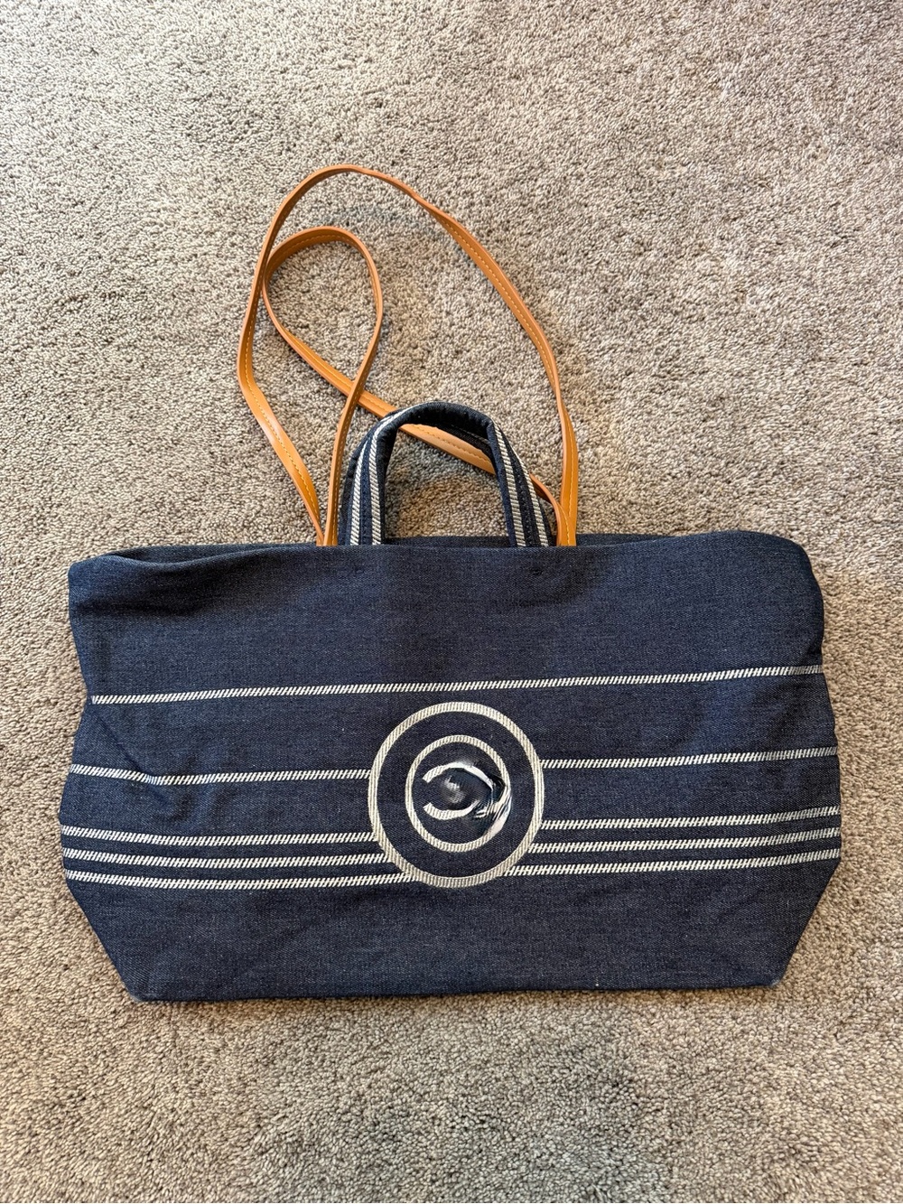 Navy Denim Striped Canvas Tote with Leather Straps
